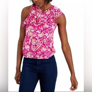 INC INTERNATIONAL CONCEPTS Cotton Asymmetrical Ruffled Top in Cranberry Pink
